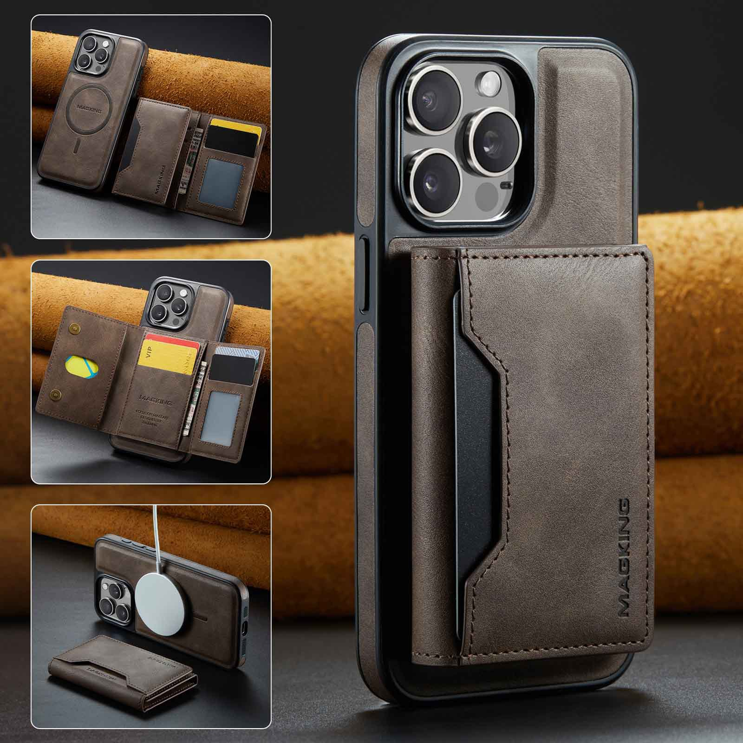 📱 Apple Magnetic Wireless Charging Phone Case | Anti theft Brush Three fold Card Pack | Bracket, Card Pack, Wireless Charging Multi in One